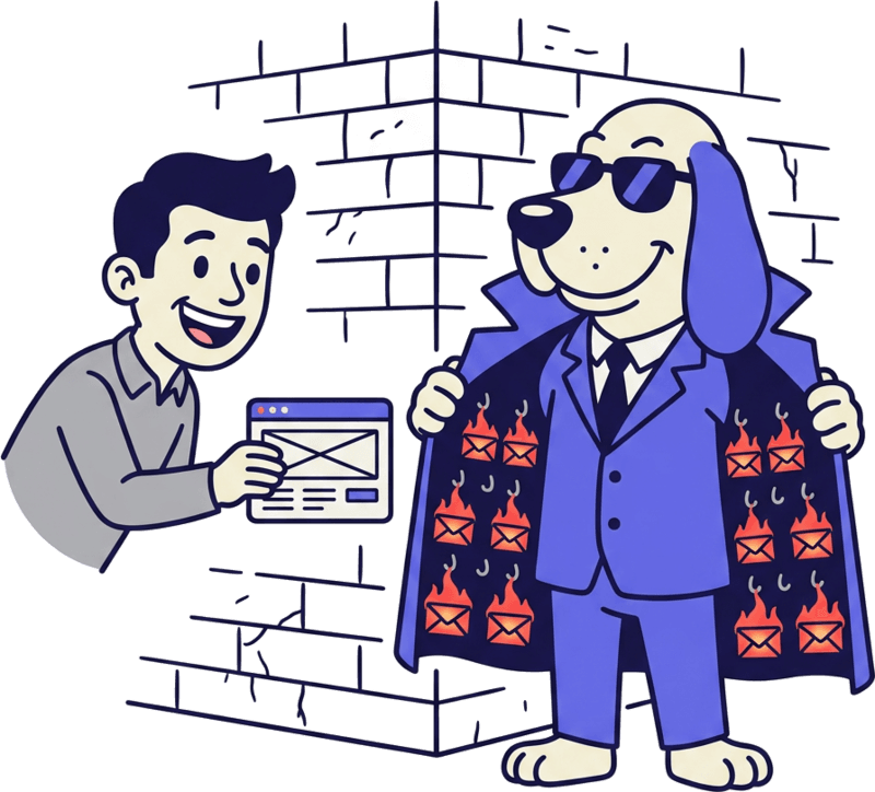 Hot Lead: the Deeplead bloodhound flashing open his coat full of hot leads in exchange for a website
